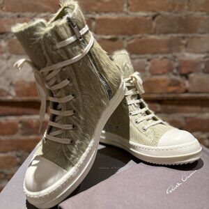 Rick Owens Pony Hair Ramones High-Top Sneaker – Pale Olive (Size 41)
